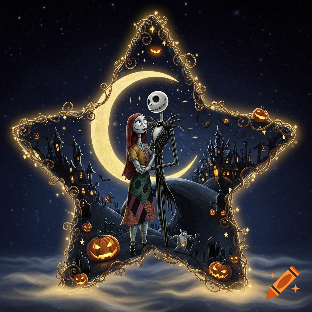 Jack Skellington and Sally in a star-shaped frame, surrounded by pumpkins and spooky houses under a moonlit night sky.