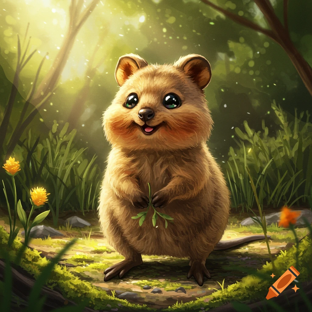 A cute, fluffy quokka with large eyes smiles while holding a leaf in a sunny forest.