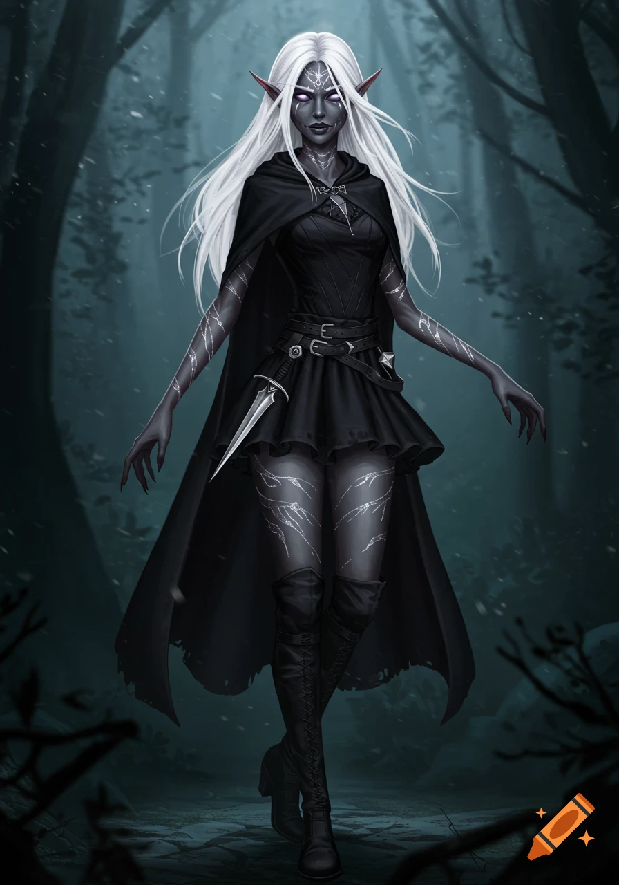 A dark elf female rogue with white hair, glowing purple eyes, and silver markings stands in a dark, snowy forest.