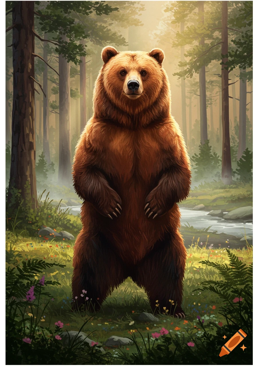 A brown bear stands on its hind legs in a sunlit forest clearing with green foliage, colorful flowers, and a stream in the background.