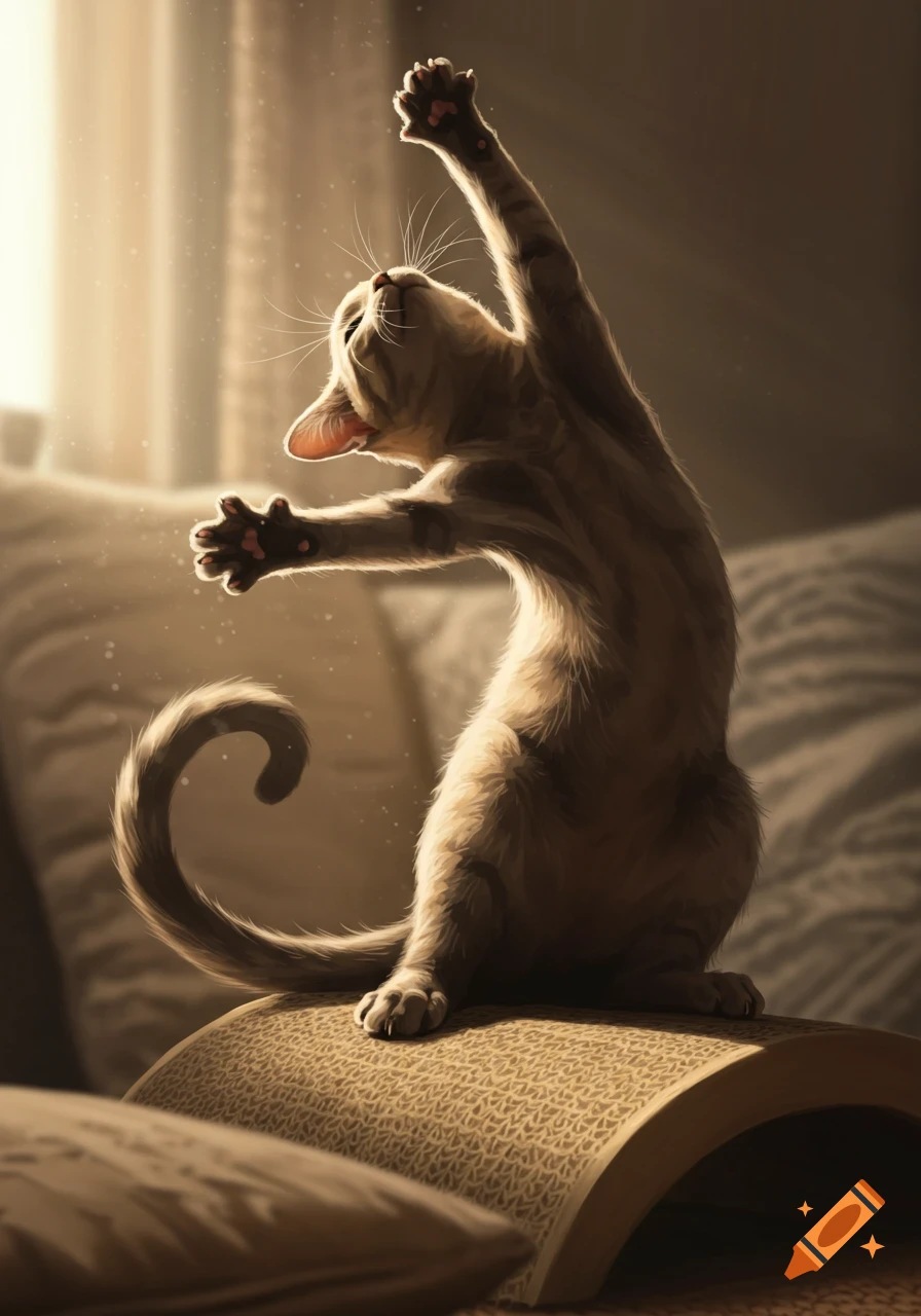 A cute tabby cat stretches on a scratching post, raising its front paws into warm sunbeams.