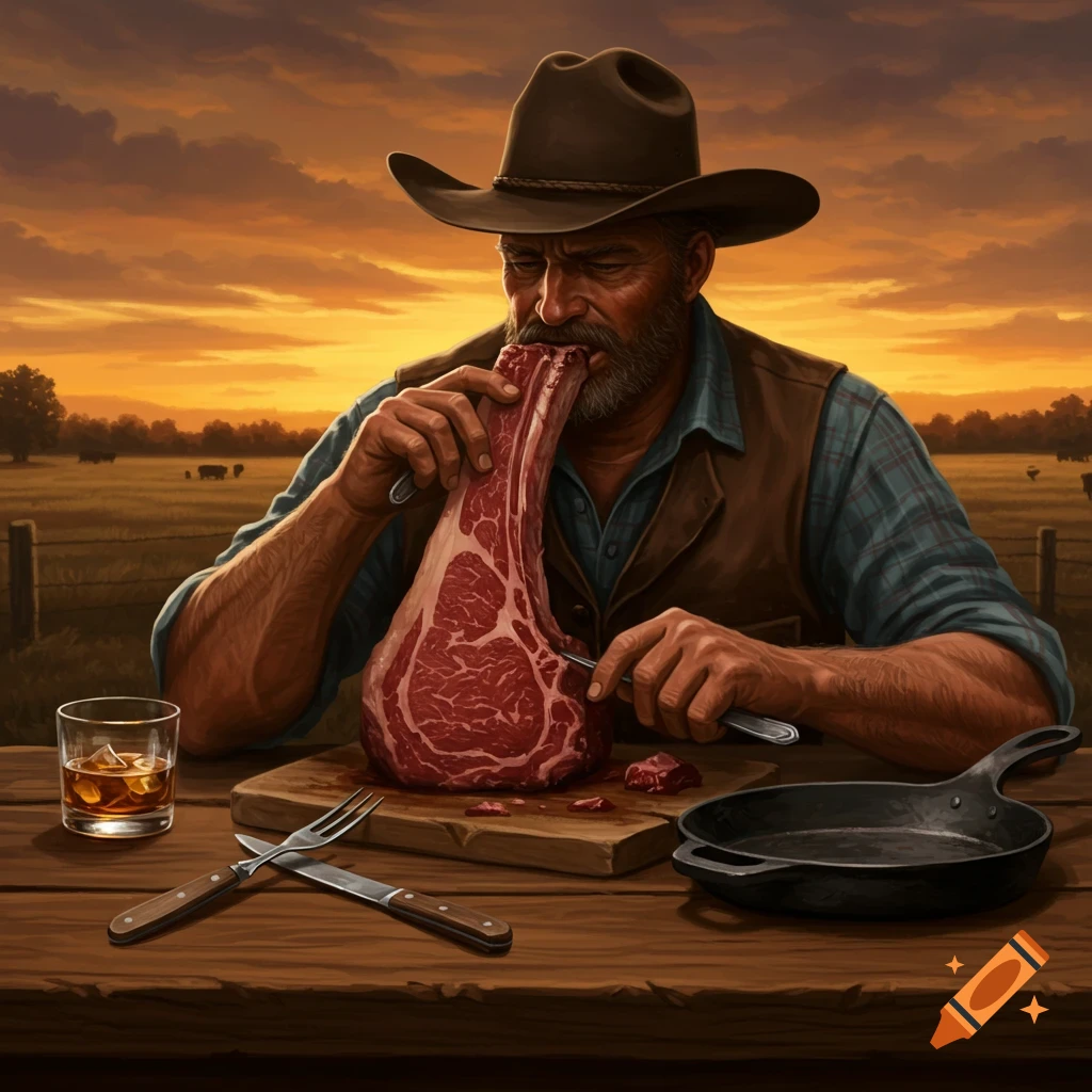 A bearded cowboy in a hat and vest eats a large raw tomahawk steak at a wooden table outdoors at sunset, with a glass of whiskey.