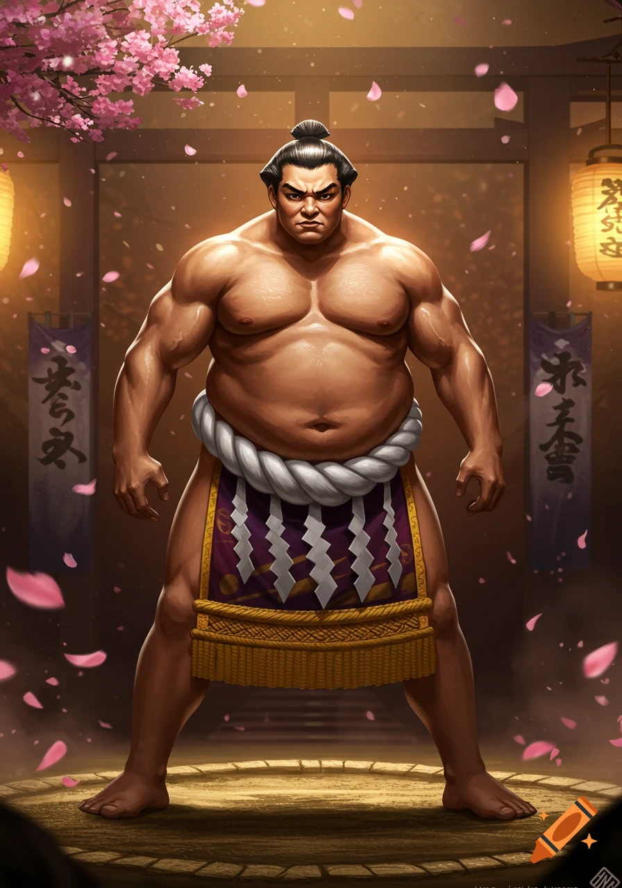 A muscular sumo wrestler stands on a dohyo in a traditional Japanese setting with cherry blossoms falling and glowing lanterns.