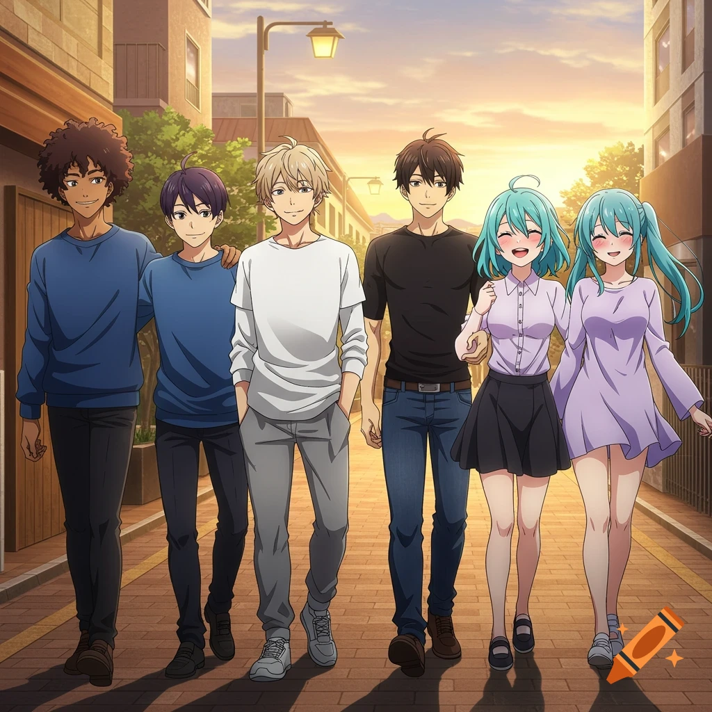 An anime group of six young people, four boys and two girls, walking down a street at sunset.