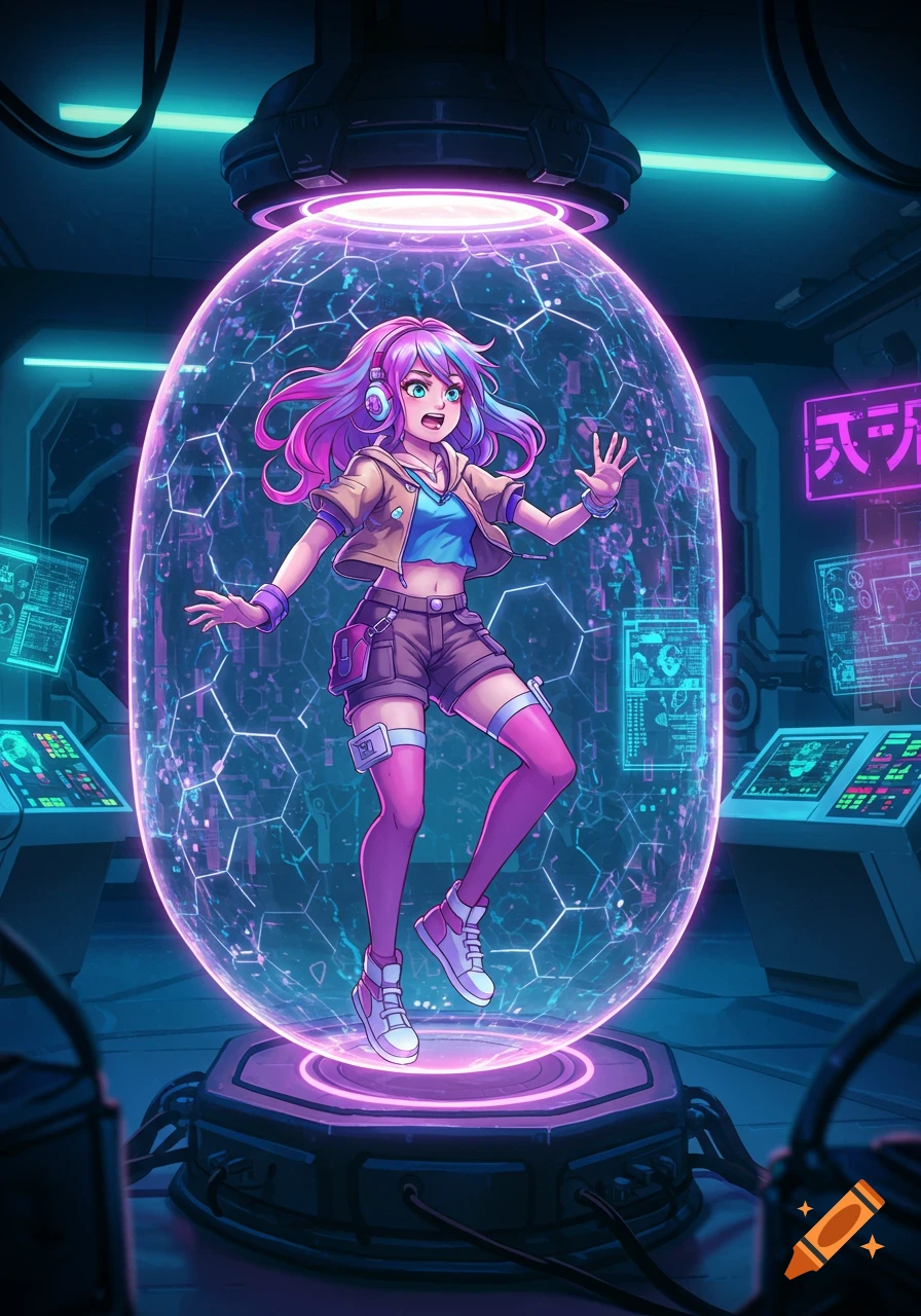 Anime girl with pink and purple hair and headphones in a glowing sci-fi stasis chamber.