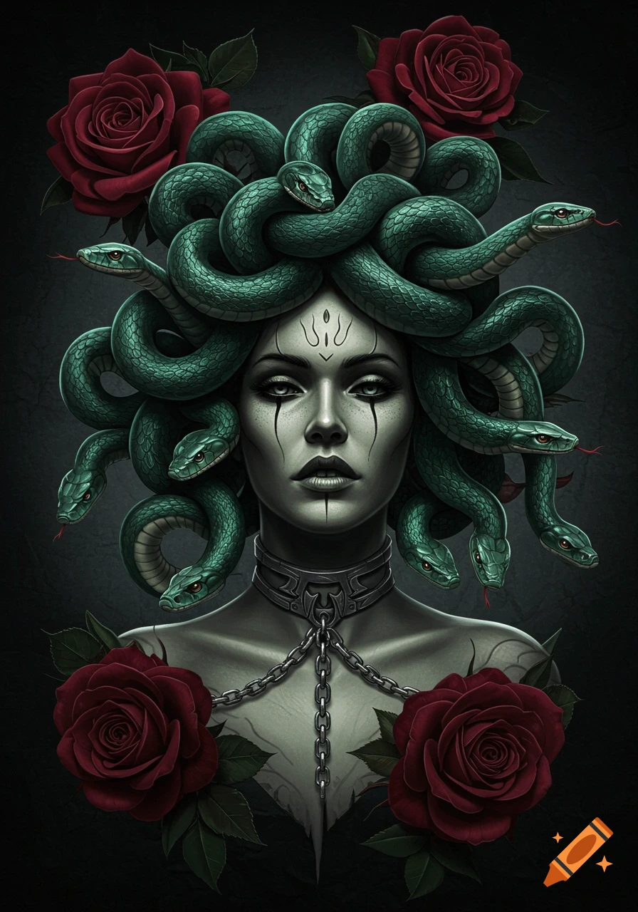 A detailed portrait of Medusa with green snakes for hair, a choker chain around her neck, and red roses.