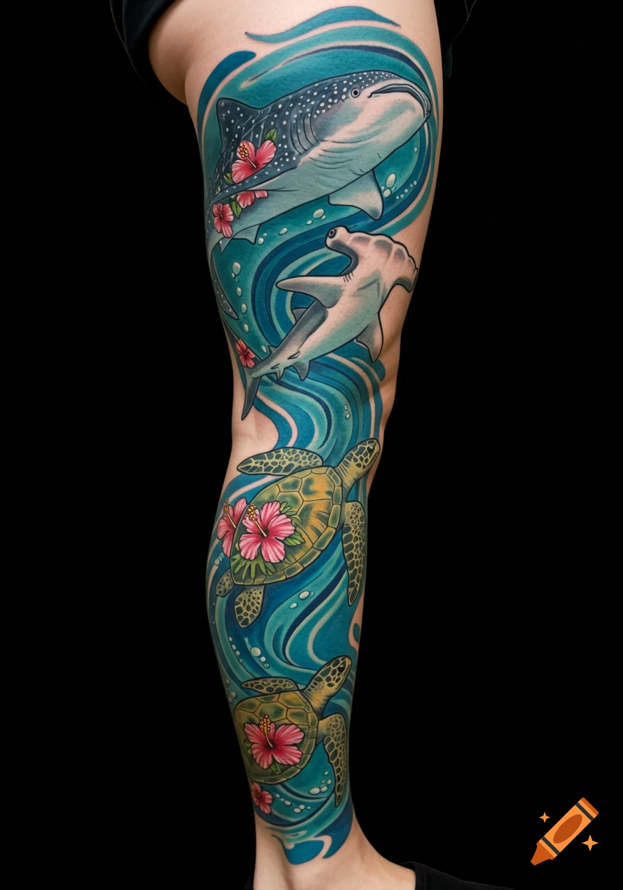 A colorful leg tattoo depicting a whale shark, hammerhead shark, and two sea turtles swimming among blue waves and pink hibiscus flowers.