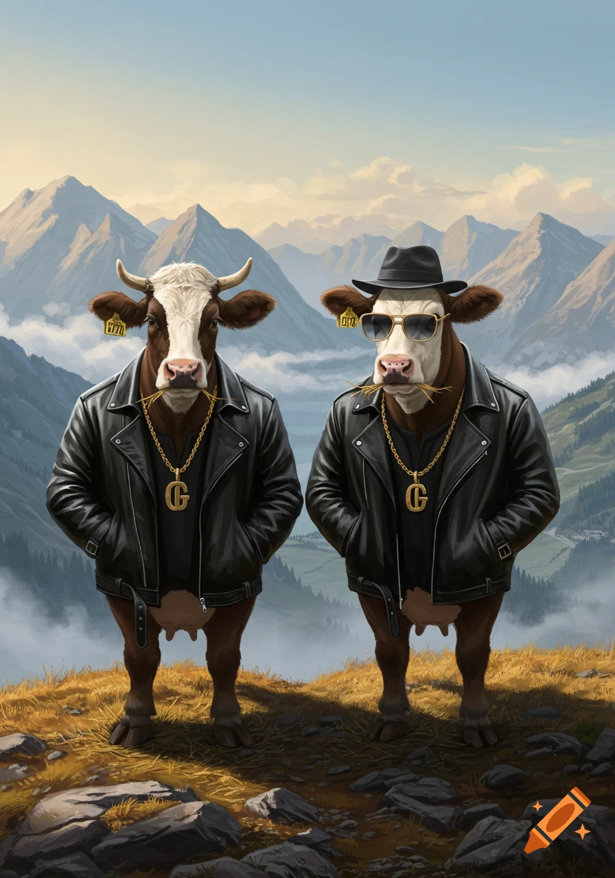 Two cows wearing black leather jackets and gold chains stand on a mountain with a valley view.