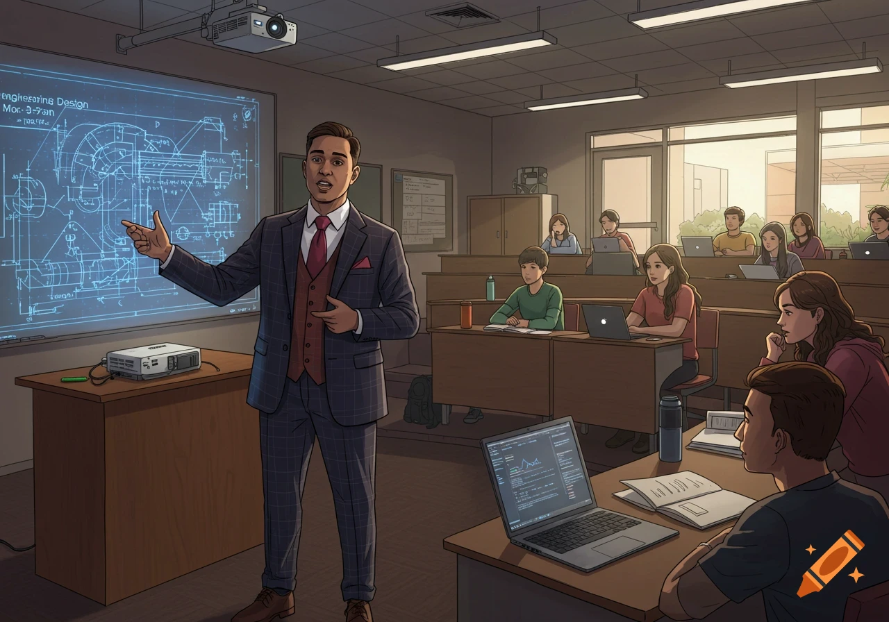 A professor in a suit and tie teaches engineering design to a diverse group of students in a classroom, with diagrams projected on a screen and students using laptops. Illustrated style.