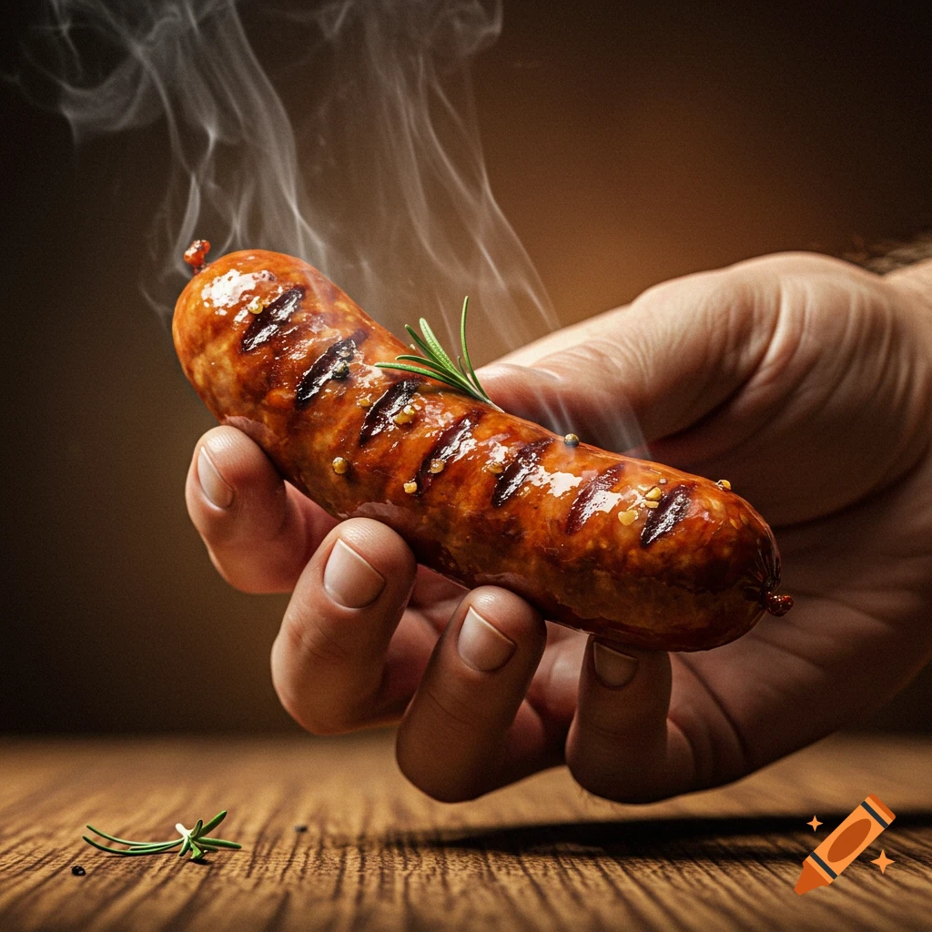 A hand holds a steaming, grilled sausage garnished with rosemary on a wooden table.
