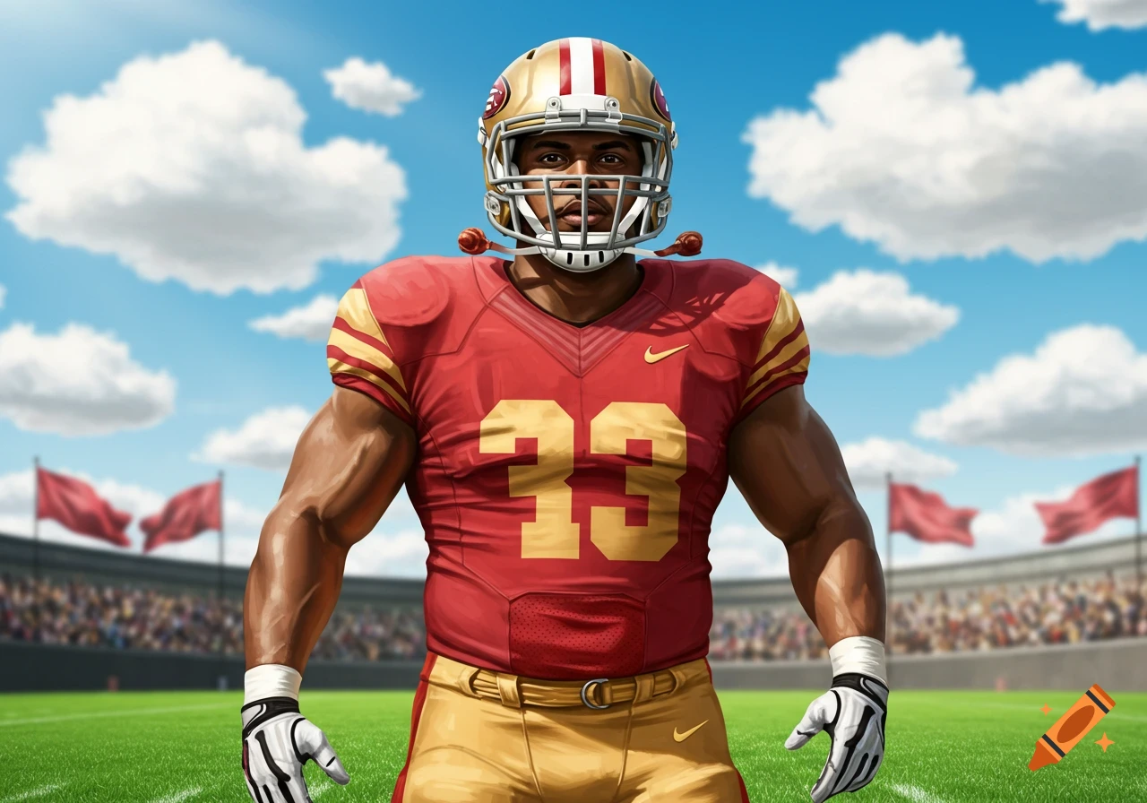 An illustrated football player in a red and gold jersey with the number 23, standing on a field in a stadium.