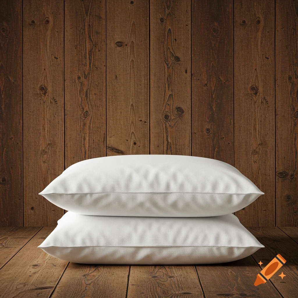 Two white pillows stacked on a wooden floor against a dark wooden plank wall, photorealistic style.