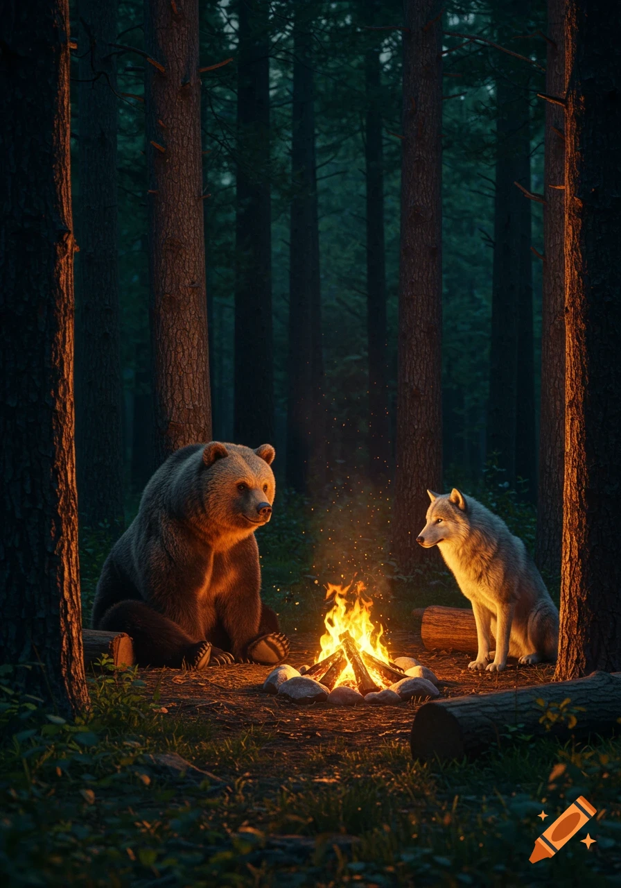 A brown bear and a gray wolf sit around a bright campfire in a dark forest, lit by the flames.