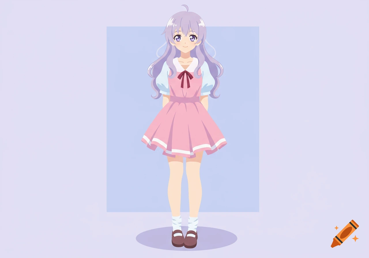 An anime girl with light purple hair and purple eyes wearing a pink dress and white undershirt with a red bow, standing in front of a light blue framed background.