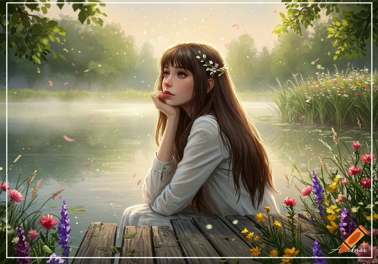Ethereal painting of a pale-skinned girl with long dark hair, wearing white, sitting on a dock by a misty lake surrounded by flowers.