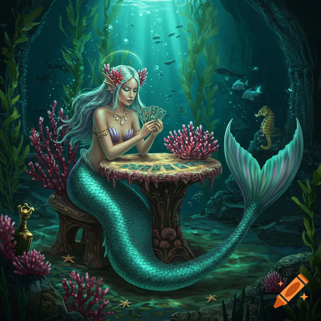 A serene mermaid with silver hair sits at a carved table underwater, holding and reading tarot cards. The scene is illuminated by sunbeams from above, with coral, seaweed, fish, and a seahorse in the background.
