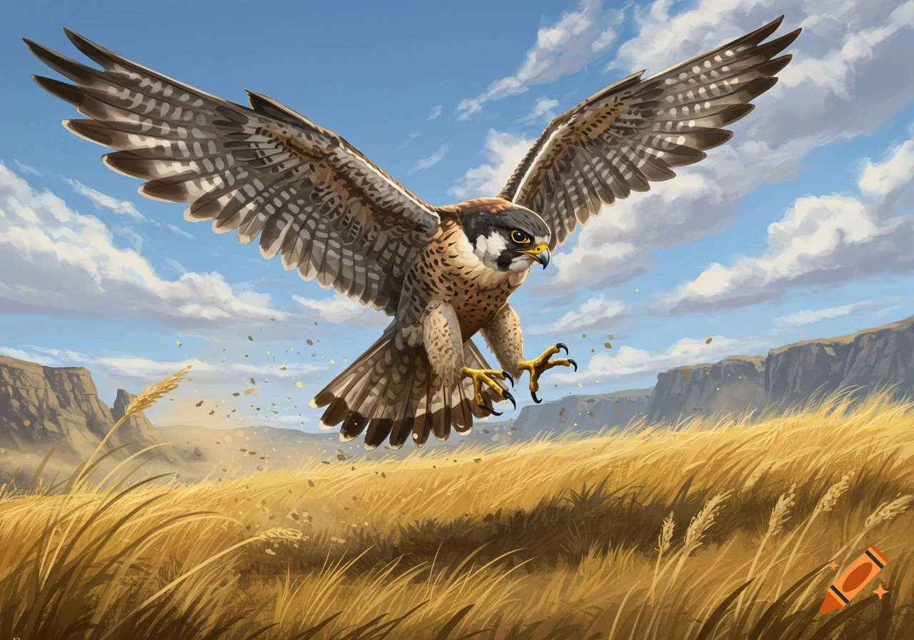A majestic falcon with outstretched wings flies low over a golden field with mountains in the background under a blue sky, digital painting.