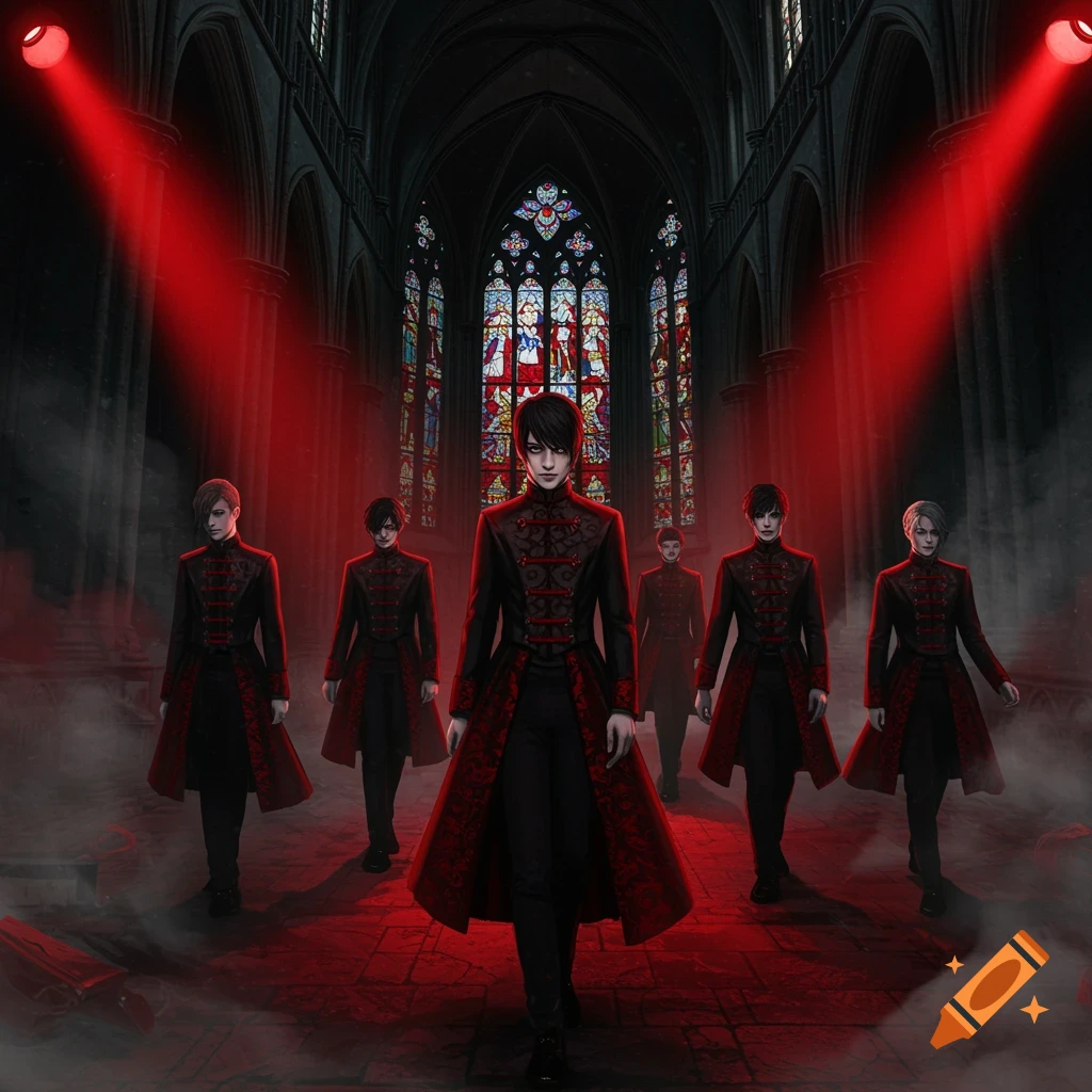 A group of male figures in dark, red-trimmed gothic coats stands in a dimly lit church with stained glass windows and red spotlights.