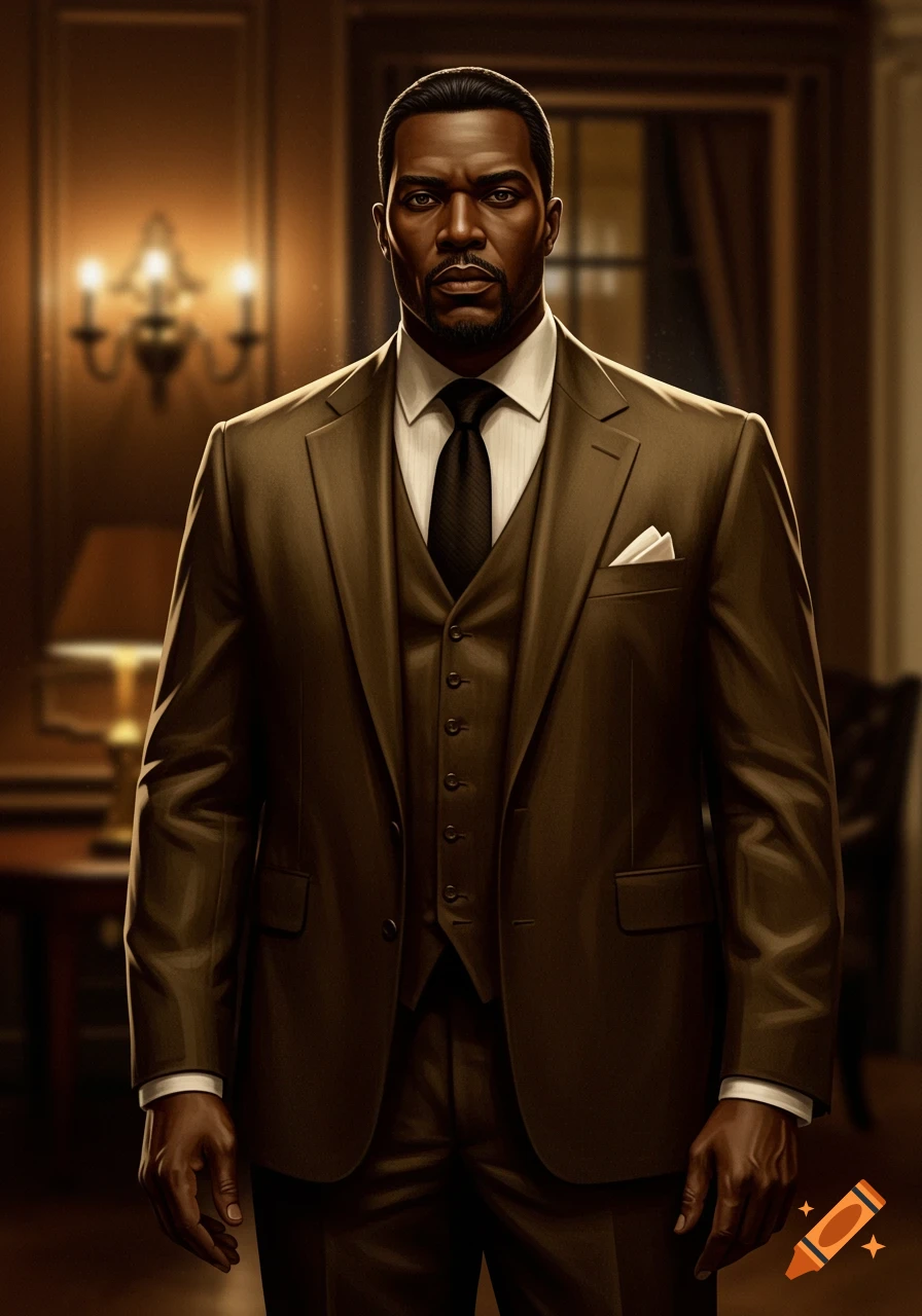 A photorealistic full-body portrait of a confident Black man in a brown three-piece suit, standing in a dimly lit room.