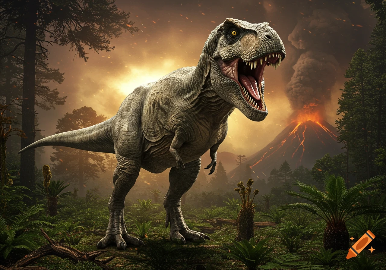 A detailed T-Rex roars in a lush prehistoric jungle, with an erupting volcano and fiery sky in the background.