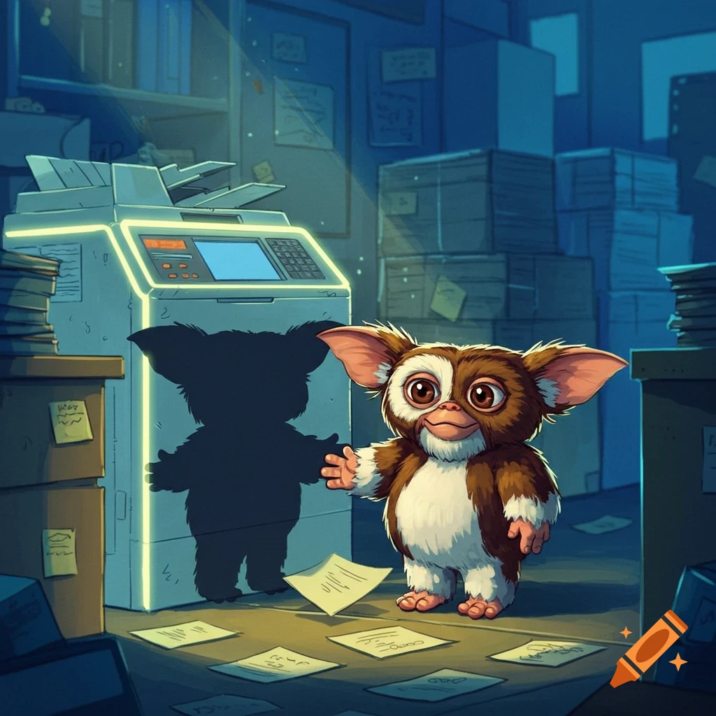 A cute, brown and white furry creature (Gizmo) stands in front of a glowing copy machine with its dark shadow, surrounded by scattered papers in a dimly lit office.