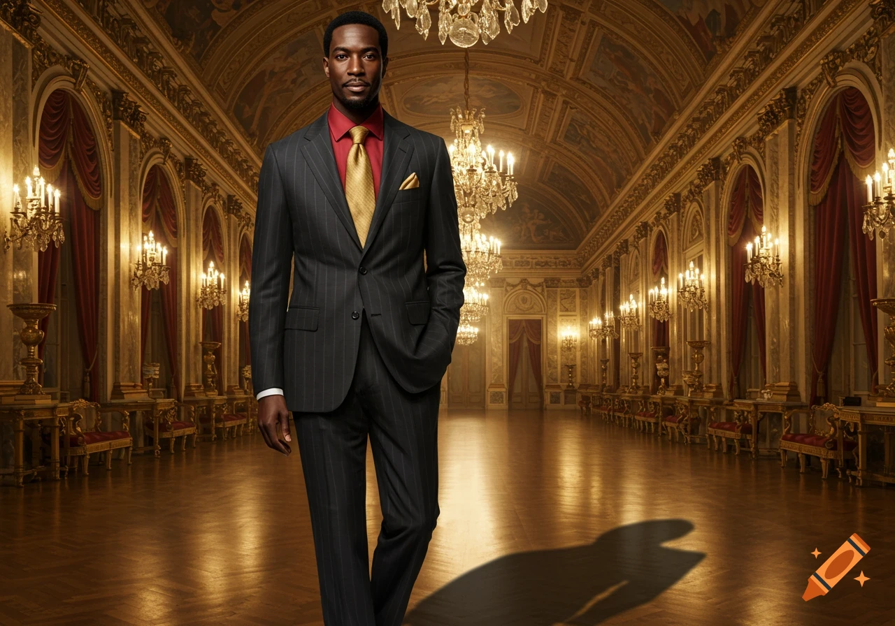 A photorealistic image of a man in a dark grey pinstripe suit, red shirt, and gold tie, standing in a grand, opulent hall with chandeliers.