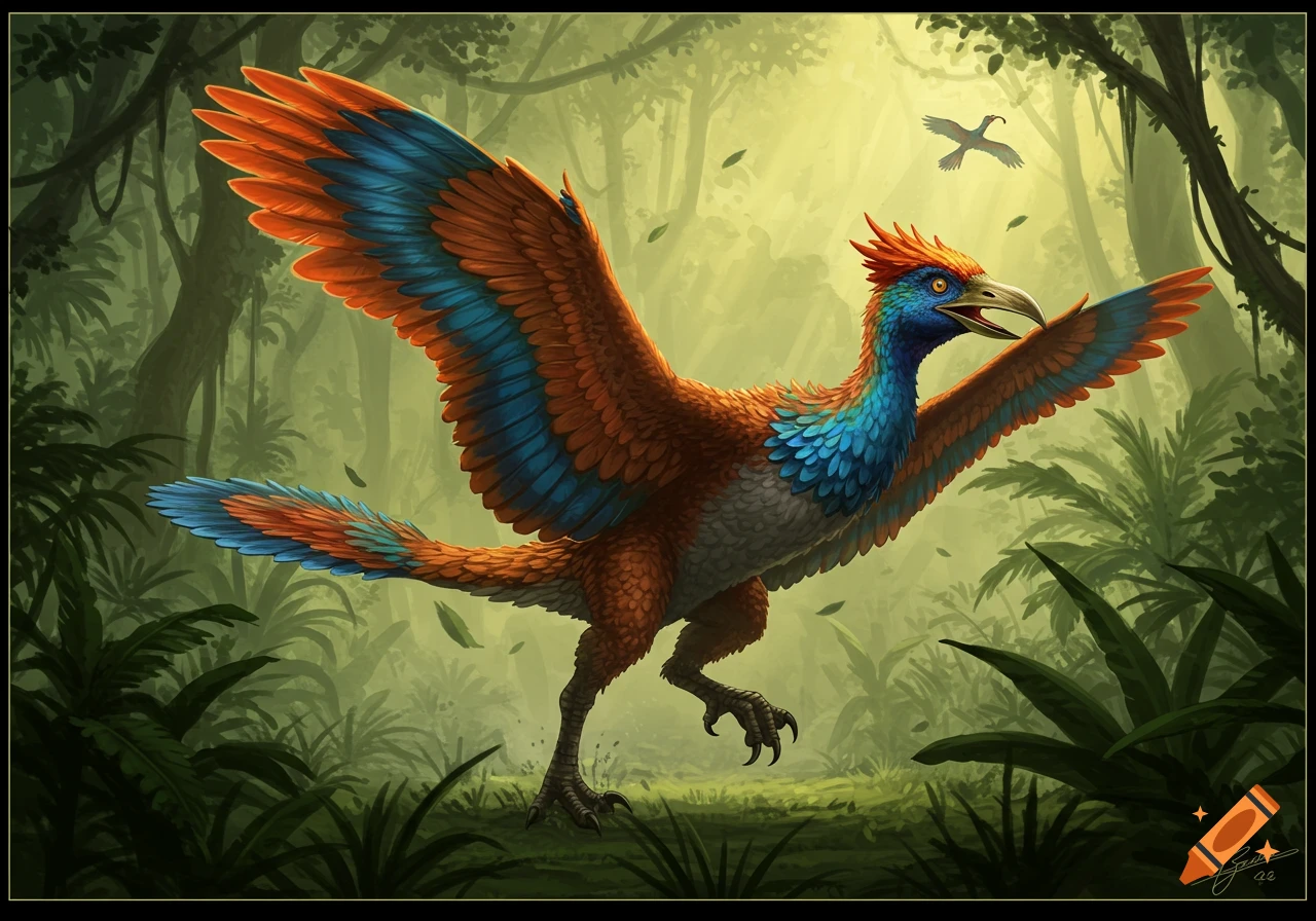 A vibrant, feathered dinosaur hybrid with orange and blue wings runs through a lush, green jungle.