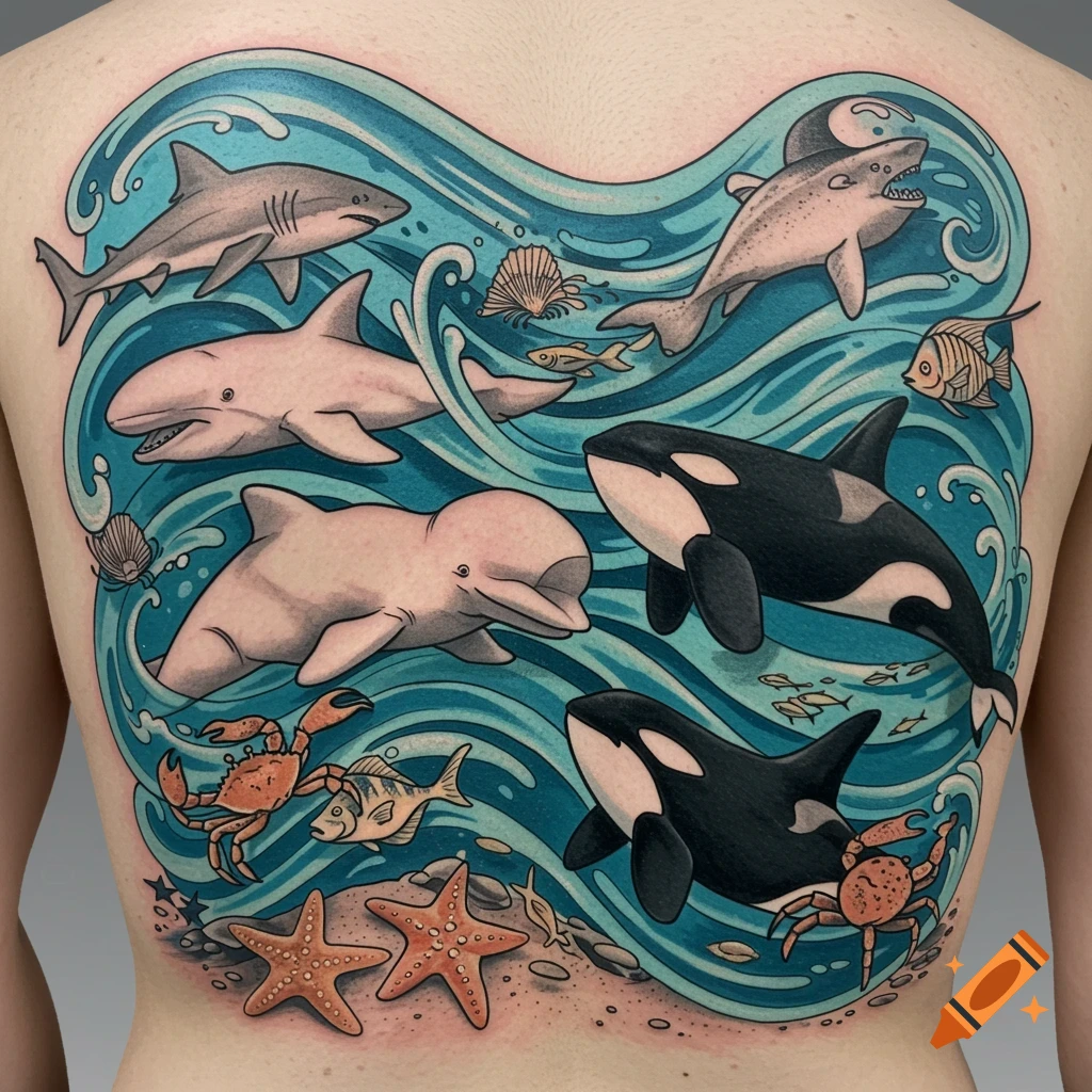 A colorful tattoo depicting various sea animals like sharks, orcas, beluga whales, fish, crabs, and starfish swimming in stylized blue waves on a person's back.