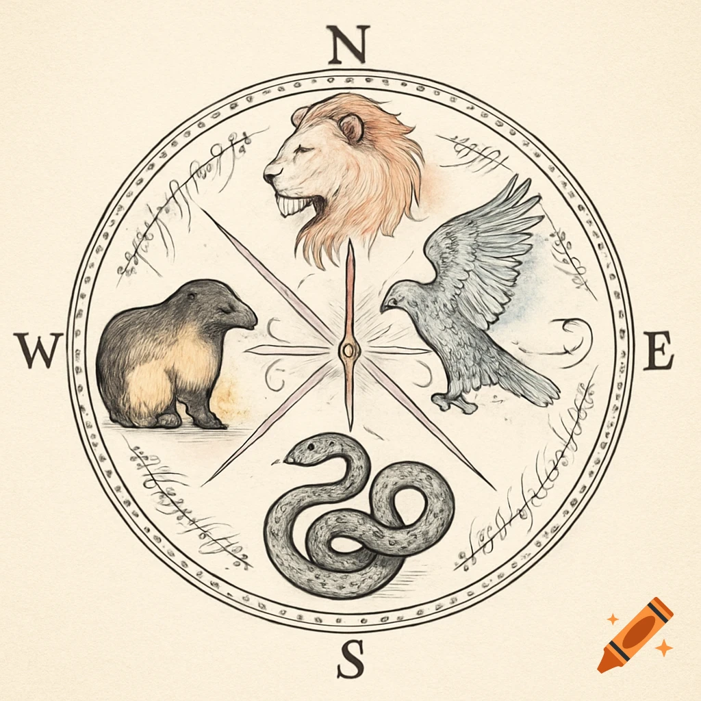 An artistic compass features a lion, an eagle, a beaver, and a coiled snake at its cardinal points, surrounded by decorative script.