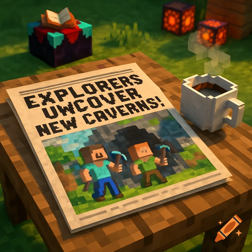 A Minecraft-style newspaper titled 'EXPLORERS UWCOVER NEW CAVERNS!' on a wooden table next to a coffee cup.