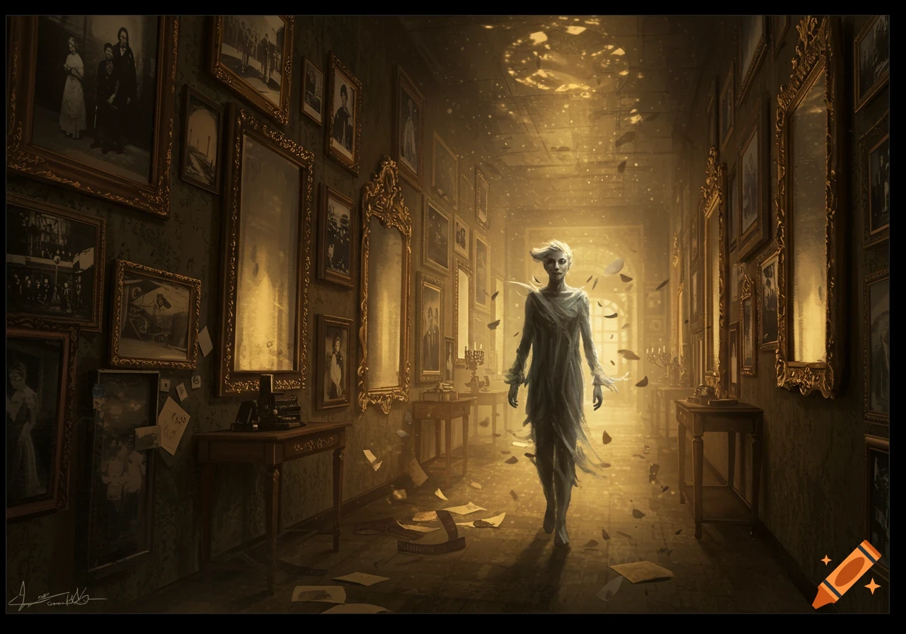 A pale, ethereal figure walks through a dark, haunted hallway lined with antique mirrors and framed portraits under a golden light.