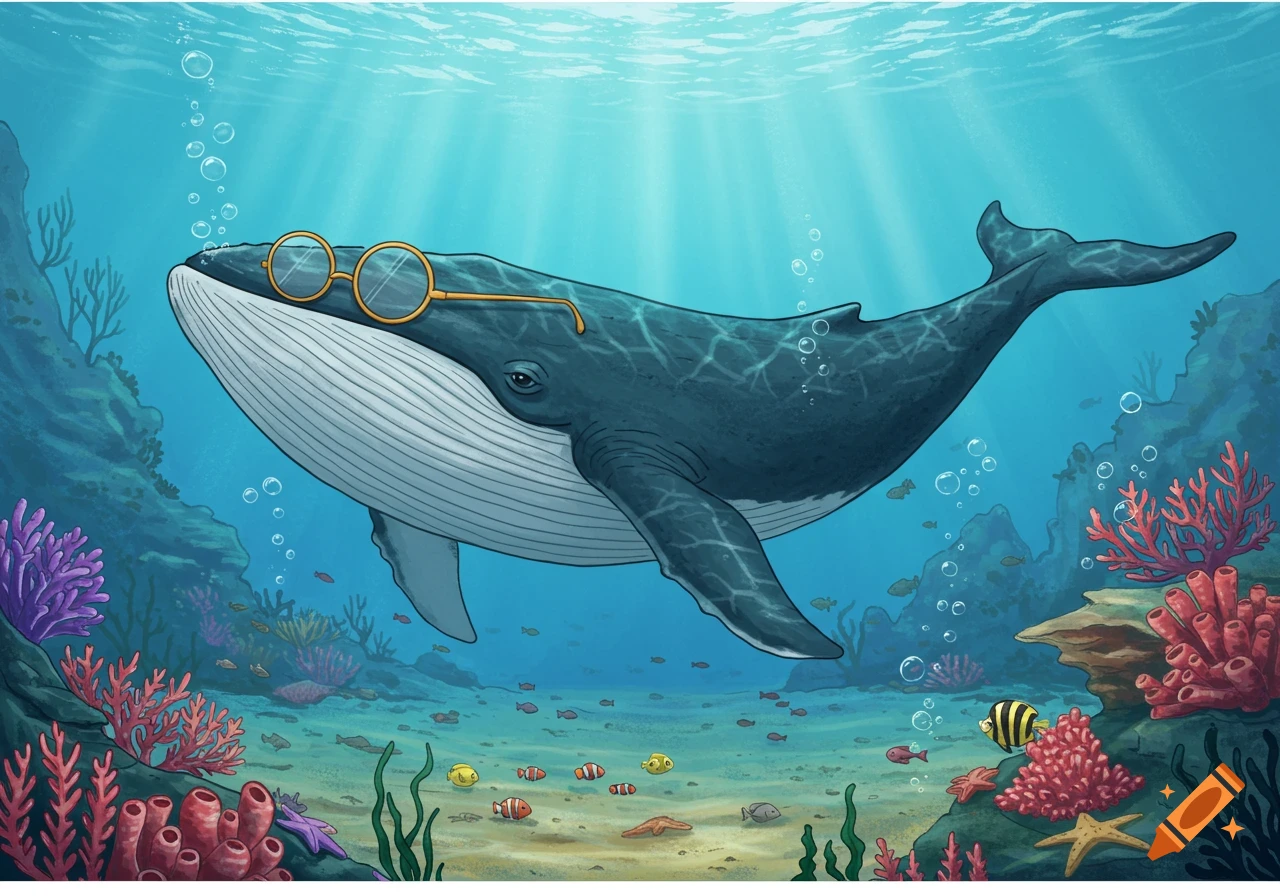 Cartoon blue whale wearing round glasses swims underwater among colorful coral and fish, with light rays from above.