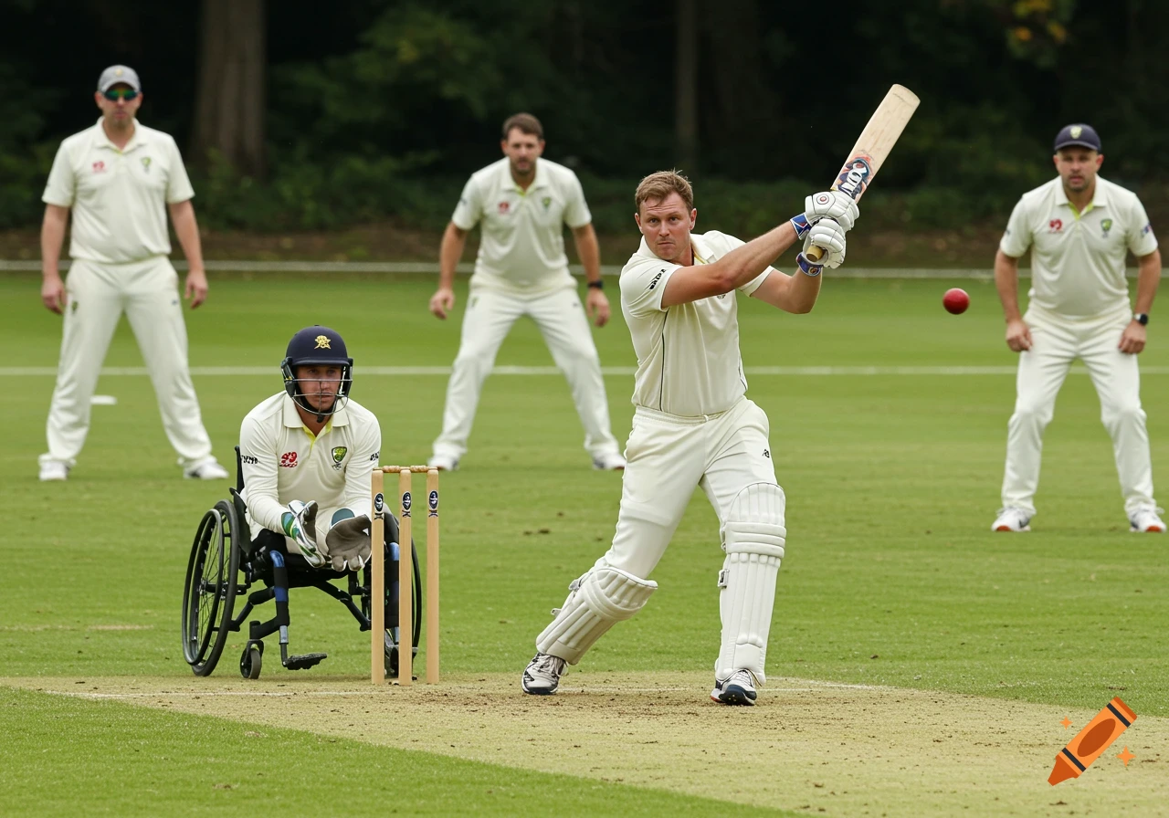 A cricketer, wearing white uniform and pads, swings a bat at a red ball during a match on a green field, with a wicketkeeper in a wheelchair behind the stumps and other players in the background.