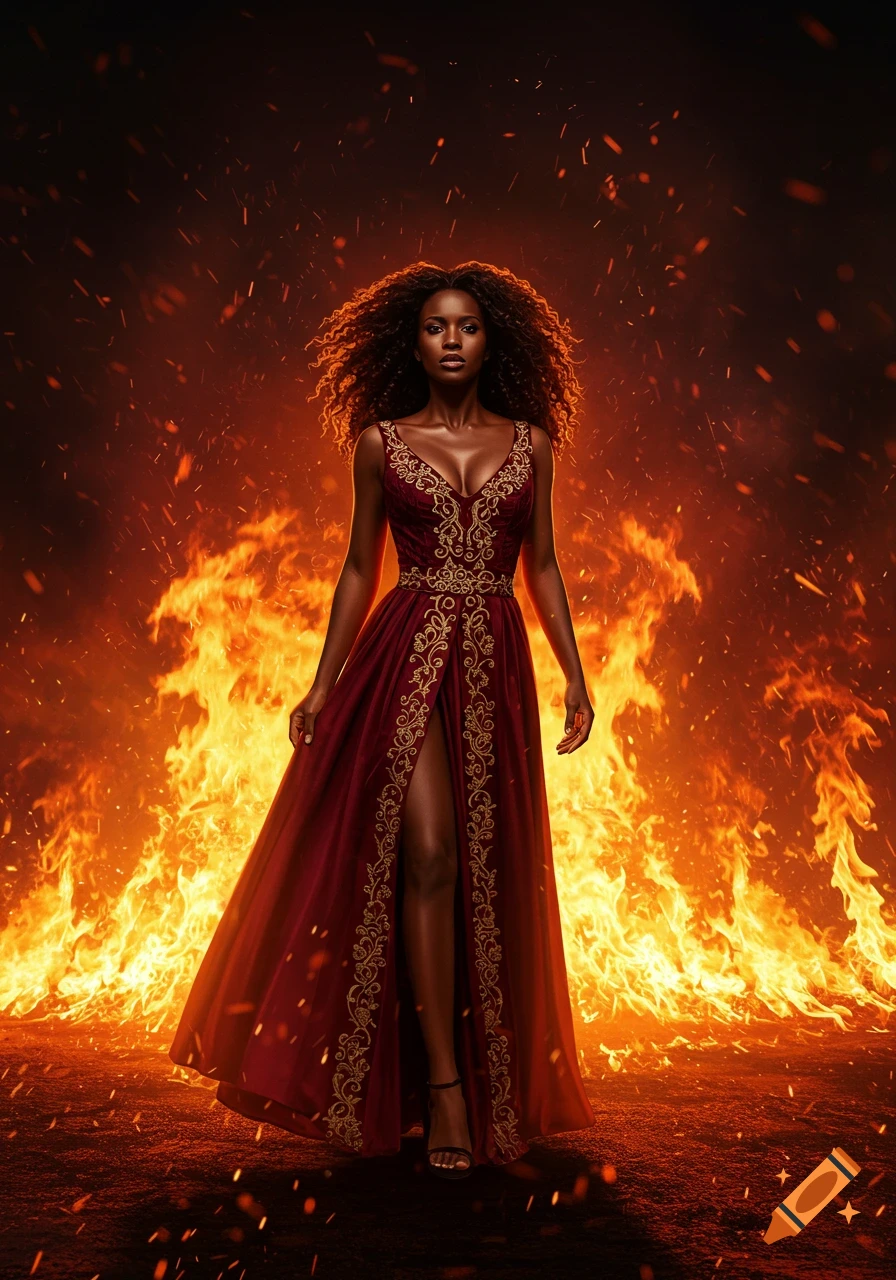 A striking portrait of an African American woman in a burgundy, gold-embroidered dress, standing before a wall of intense fire.