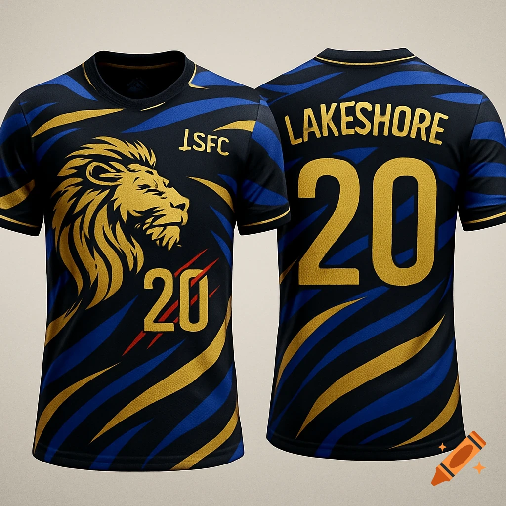 A black, blue, and gold soccer jersey with a lion logo, the number 20, and text "JSFC" on the front, and "LAKESHORE" with "20" on the back.