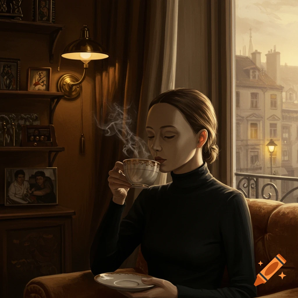 Realistic painting of a woman drinking coffee in a cozy room with a city view outside a window.