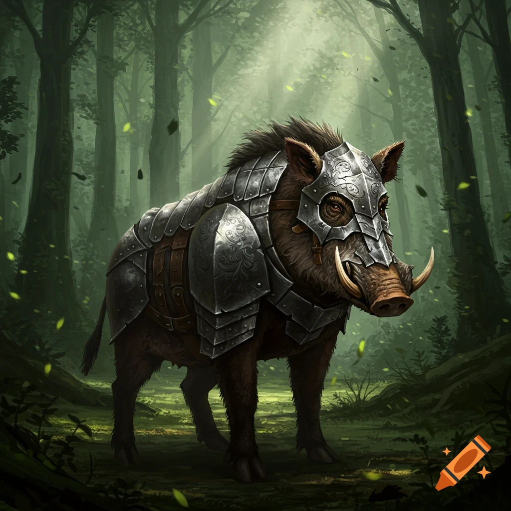 An armored wild boar stands in a misty, enchanted forest, rendered in a detailed fantasy art style.