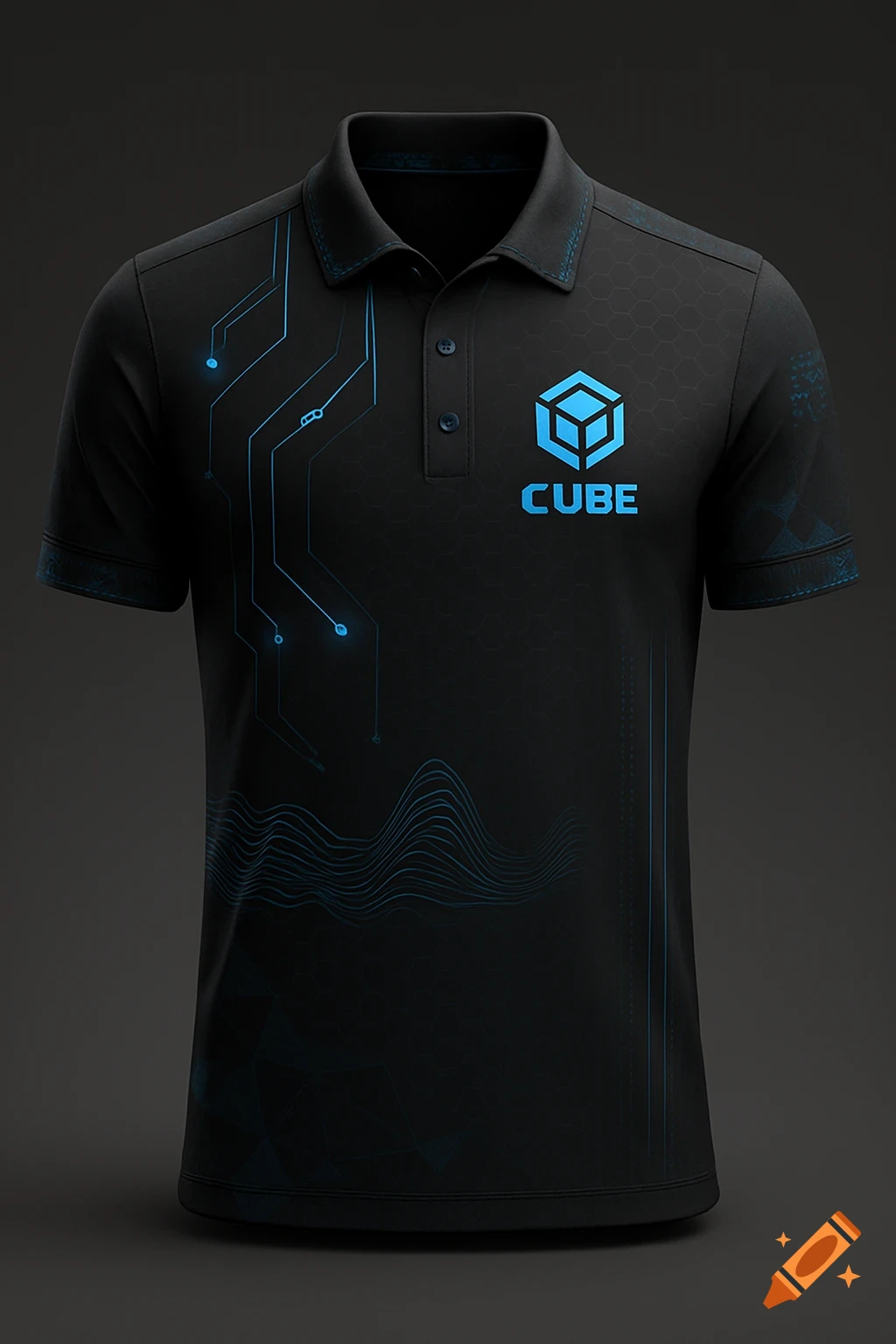 A black polo shirt with blue futuristic circuit board, hexagonal, and waveform patterns, featuring a blue "CUBE" logo on the chest.