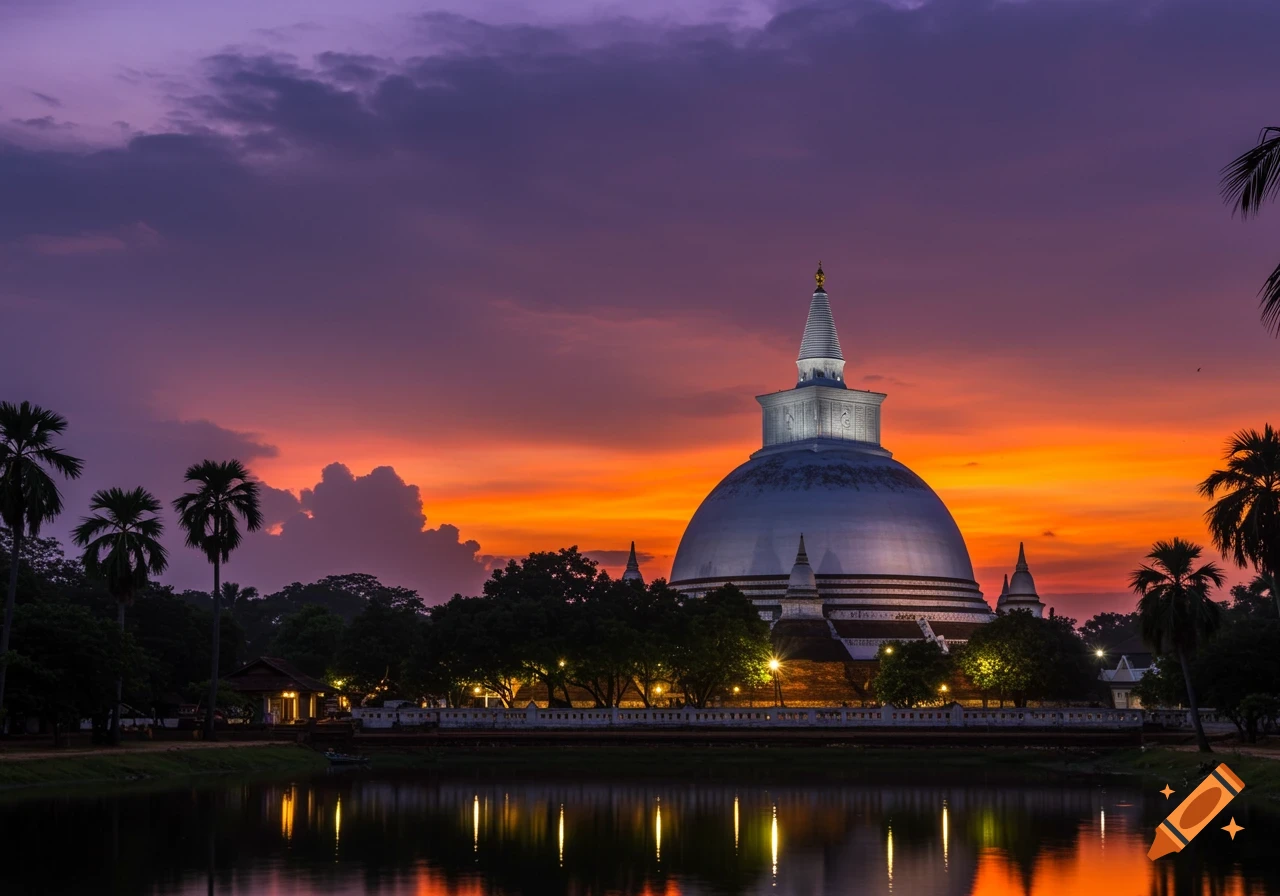 A large white Buddhist stupa with a tall spire reflected in a pond at sunset, under a vibrant purple and orange sky, surrounded by palm trees.