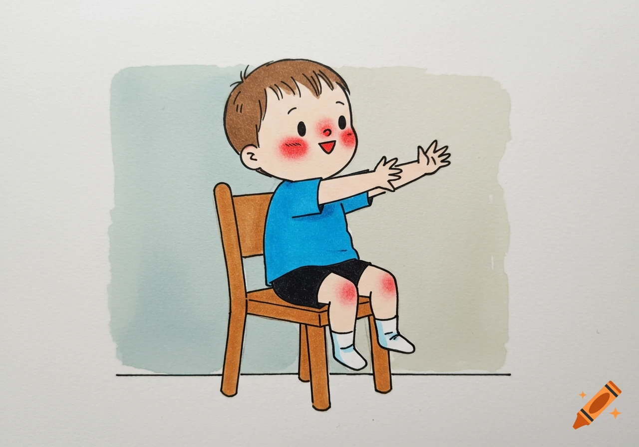A cartoon drawing of a young boy in a blue shirt and black shorts sitting on a wooden chair with his arms stretched forward and a big smile.
