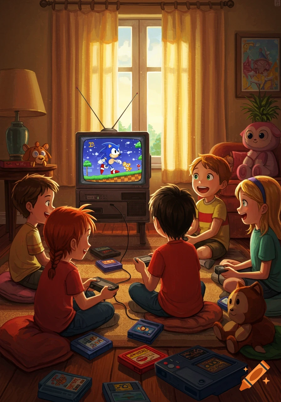 A group of happy cartoon kids sitting on the floor in a warm, sunlit living room, playing Sonic the Hedgehog on an old TV.