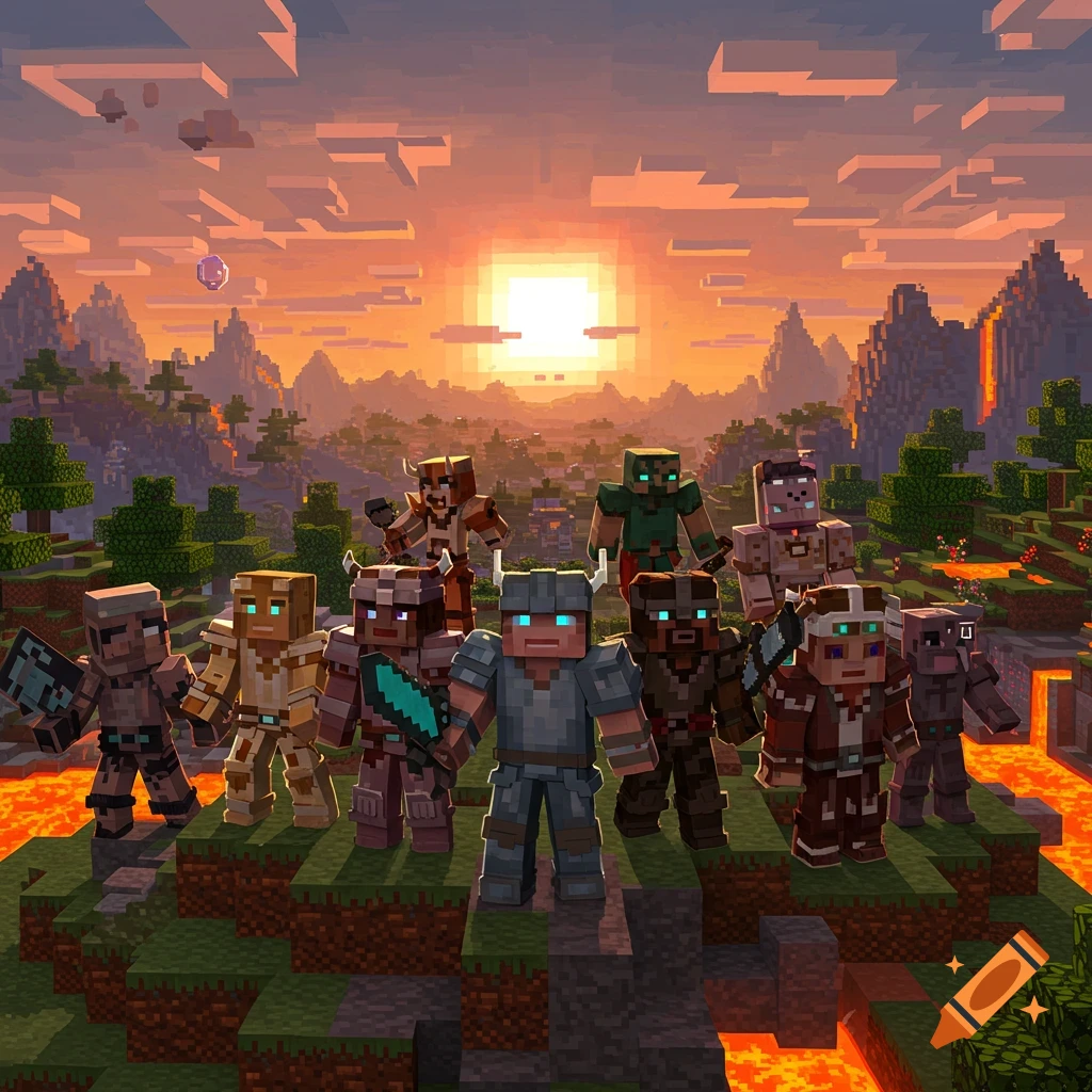 Several blocky Minecraft-style characters, including warriors and creatures, stand on a grassy block formation at sunset, with mountains and lava in the background.