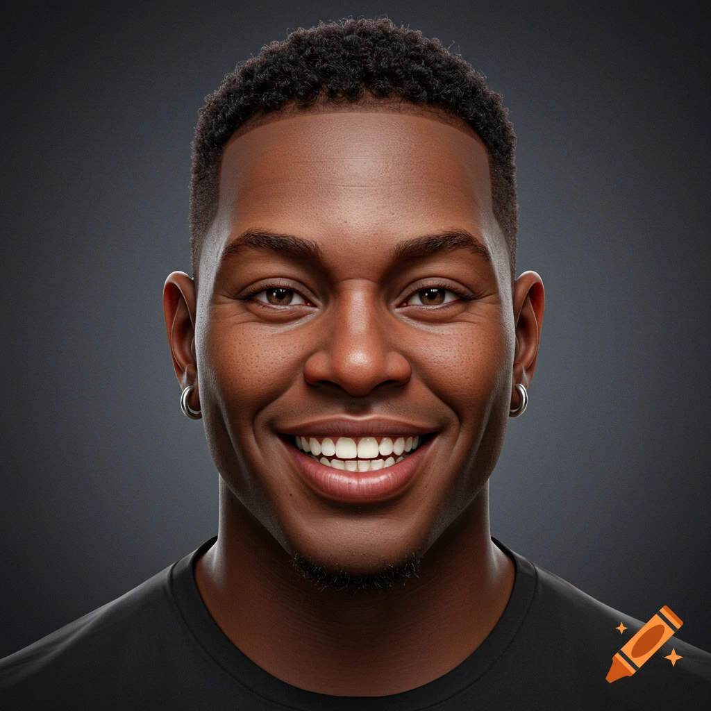 Photorealistic close-up portrait of a smiling Black man with short curly hair and hoop earrings.