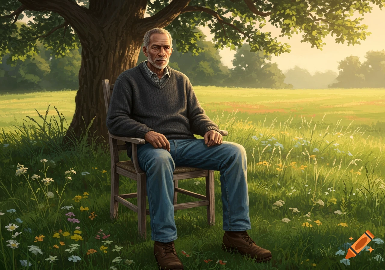 An older man with a gray beard sits on a wooden chair under a large tree in a sunny, green field filled with wildflowers.