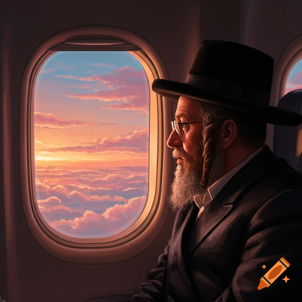 A Hasidic man with a beard and sidelocks looks out an airplane window at a colorful sunset over clouds.