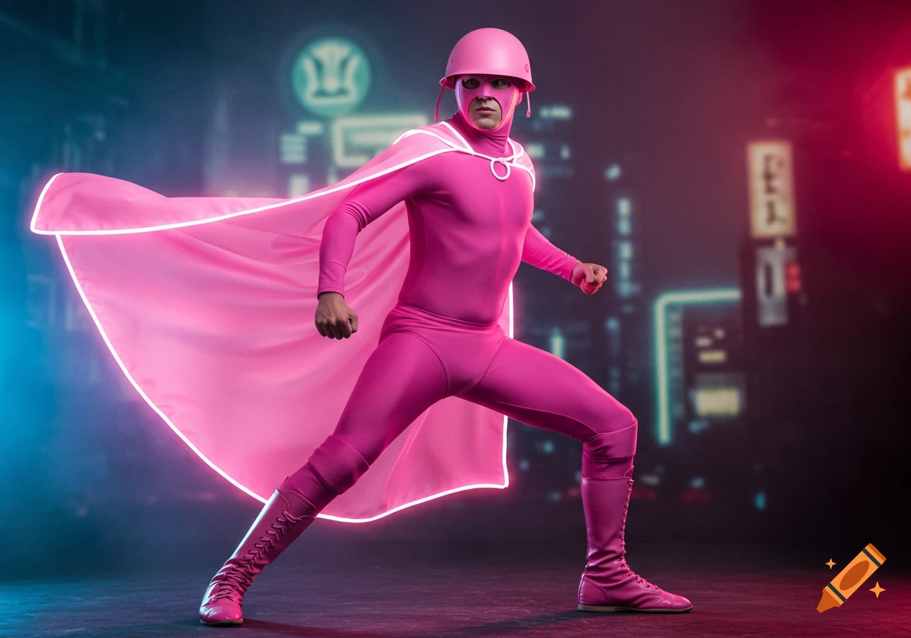 A man in a vibrant pink superhero bodysuit with a cape and helmet stands in a dynamic pose against a neon city background.