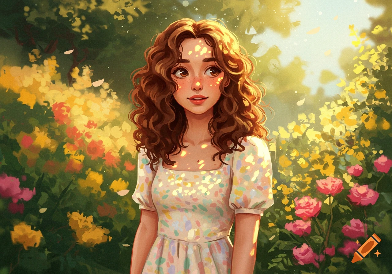 An illustration of a young woman with curly brown hair and freckles standing in a sun-dappled garden surrounded by colorful flowers.