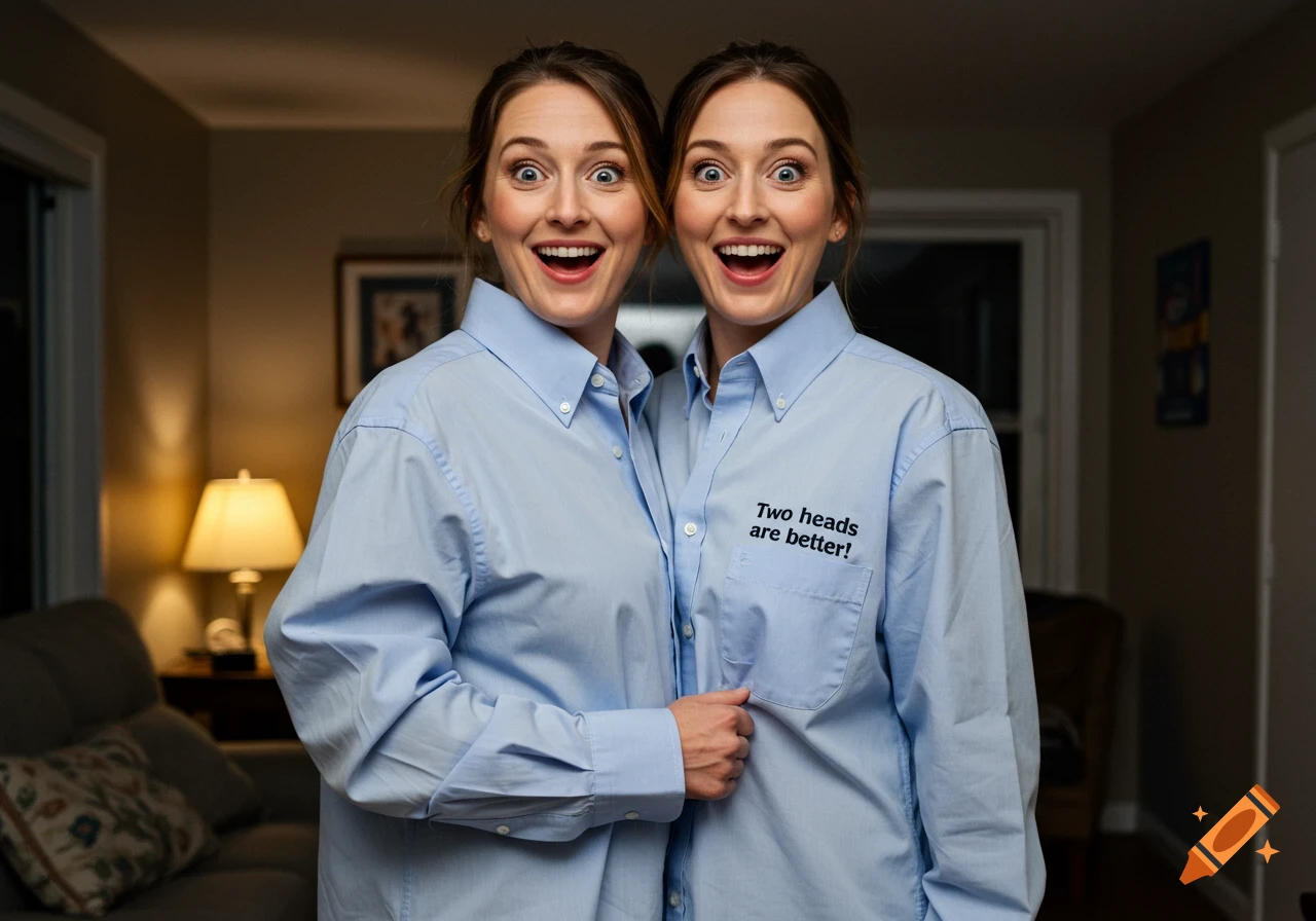 Two women's heads are on a single body wearing a blue button-up shirt that says "Two heads are better!".