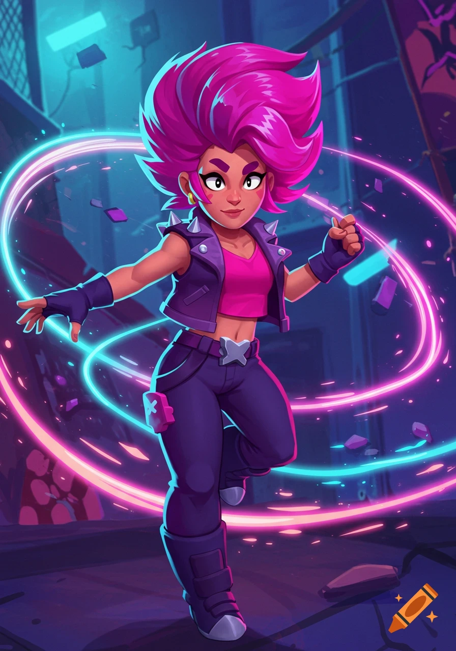Stylized cartoon character with spiky pink hair, purple jacket, and neon rings, running in a dark urban setting, similar to Brawl Stars art.