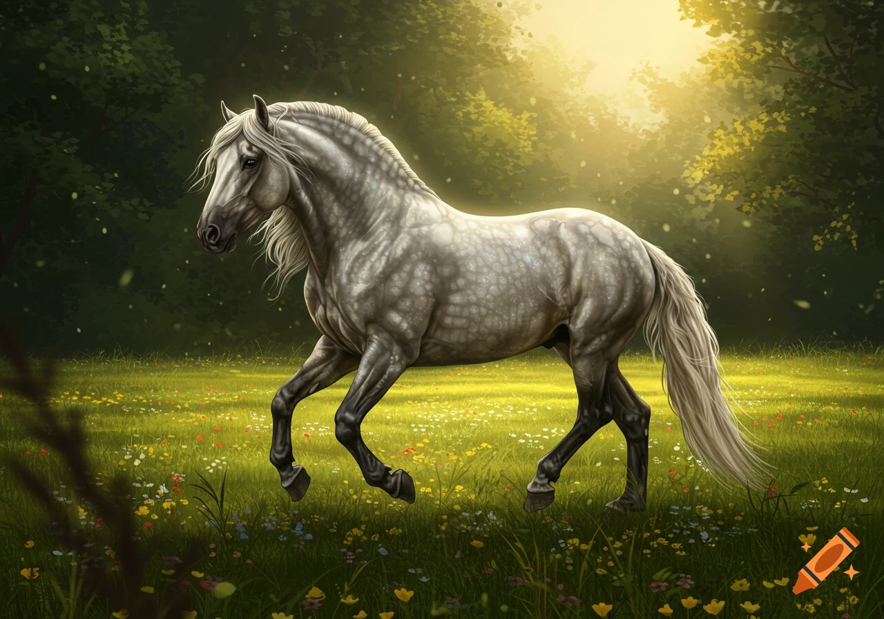 A dapple grey horse with a flowing mane and tail prances through a sunlit field filled with colorful wildflowers, surrounded by lush green trees.